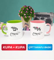 İkili Çiftlere Özel Mr Mrs Sevgiliye Hediye Kupa Bardak Yeşil Pembe