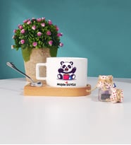 Sevimli Panda Tasarımlı Kişiye Özel Panda Ahşap Altlıklı Fincan