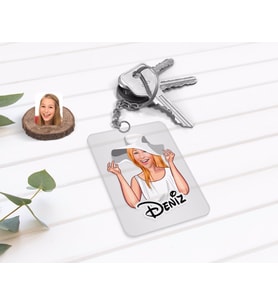 BK Gift Kişiye Özel Kadın Karikatürlü Şeffaf Pleksi Anahtarlık-20 (Beyaz)