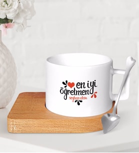 BK Gift Kişiye Özel En İyi Öğretmen Ahşap Altlıklı Seramik Fincan-6 (Beyaz)