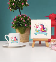 Unicorn Tasarımlı İsme Özel Unicorn Türk Kahvesi Fincanı ve Dekoratif Taş Baskı Seti