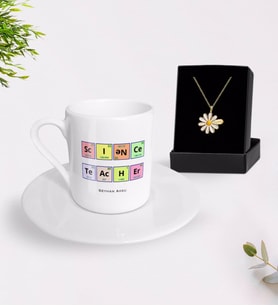 BK Gift Kişiye Özel Fen Bilimleri Öğretmeni Türk Kahvesi Fincanı ve İsimli Papatya Kolye Hediye Seti-3 (Model 1)