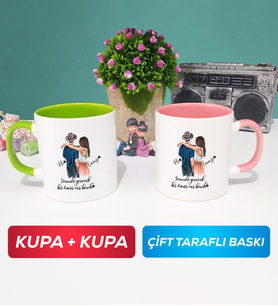 İkili Sevgiliye Hediye Bir Ömür Sevgililer Günü Hediyesi Kupa Bardak Yeşil Pembe
