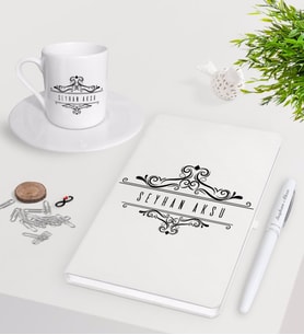 BK Gift Kişiye Özel İsimli Beyaz Defter Kalem Türk Kahvesi Fincanı Seti-8 (Model 1)