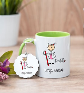 Bayan Diş Hekimi Karikatürü Yeşil Kupa Bardak Ve Anahtarlık Set