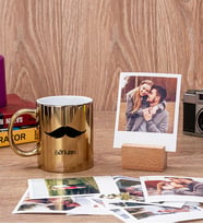 Bıyık Tasarım Gold Kupa Bardak ve Ahşap Standlı Polaroid Set