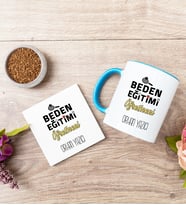 Beden Eğitimi Öğretmeni Mavi Kupa Bardak Ve Bardak Altlığı Seti