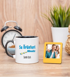 Su Ürünleri Mühendisi Siyah Kupa Bardak ve Sarı Mini Fotoğraf Çerçevesi