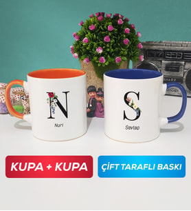 İkili Kişiye Özel Baş Harf ve İsim Yazılı Kupa Bardak Turuncu Lacivert