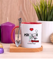 Psikoloji Öğretmeni Ahşap Altlıklı Kırmızı Kupa Bardak