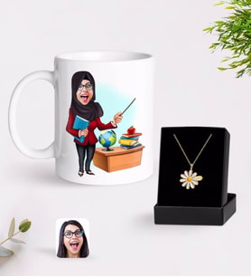 BK Gift Kişiye Özel Bayan Öğretmen Karikatürlü Kupa Ve Papatya Kolye Hediye Seti-7 (Model 1)
