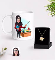 BK Gift Kişiye Özel Bayan Öğretmen Karikatürlü Kupa Ve Papatya Kolye Hediye Seti-7 (Model 1)