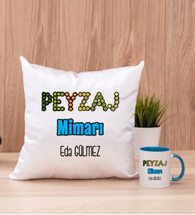 Peyzaj Mimarı Kare Yastık ve Mavi Kupa Bardak