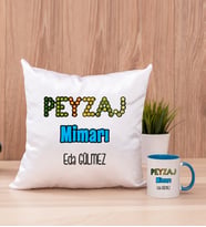 Peyzaj Mimarı Kare Yastık ve Mavi Kupa Bardak