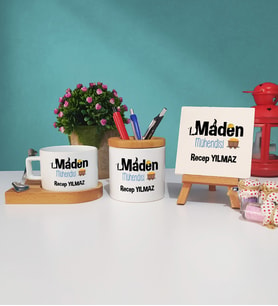 Maden Mühendisi Ahşap Altlıklı Fincan Kalemlik ve Dekoratif Taş Baskı Seti