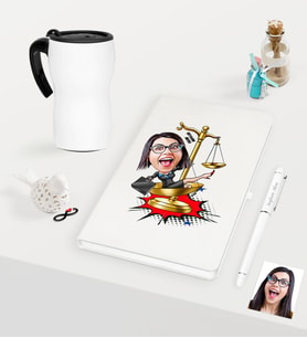 BK Gift Kişiye Özel Bayan Avukat Karikatürlü Beyaz Defter Kalem ve Termos Mug Seti - 4 (Model 1)