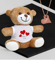 BK Gift Kişiye Özel Sevgililer Temalı Peluş Ayıcık ve Rose Kalp Kolye Set - 90