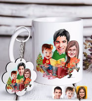 BK Gift Kişiye Özel Yeni Yıl Aile Karikatürlü Beyaz Kupa ve Anahtarlık Hediye Seti-2 (Model 1)