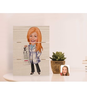 BK Gift Kişiye Özel Kadın Göz Doktoru Karikatürlü Otantik Masaüstü Ahşap Palet Çerçeve (Beyaz)