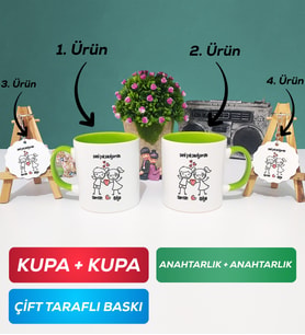 İkili Yeşil Kişiye Özel Sevgililer Günü Hediyesi Kupa Bardak Anahtarlık Hediye Seti