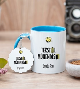 Tekstil Mühendisi Mavi Kupa Bardak Ve Anahtarlık Set