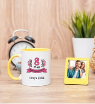 Kadınlar Günü Hediyesi Sarı Kupa Bardak ve Sarı Mini Fotoğraf Çerçevesi