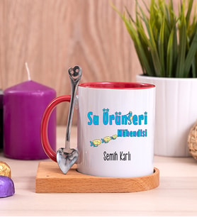 Su Ürünleri Mühendisi Ahşap Altlıklı Kırmızı Kupa Bardak