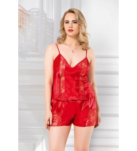Primoda Büyük Beden Kırmızı Saten Babydoll Şort Takımı