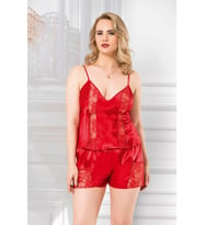 Primoda Büyük Beden Kırmızı Saten Babydoll Şort Takımı