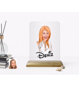 BK Gift Kişiye Özel Kadın Model Karikatürlü Ahşap Standlı Çerçeve (Beyaz)
