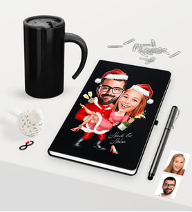 BK Gift Kişiye Özel Sevgililer Karikatürlü Siyah Defter Kalem Termos Mug Seti - 2 (Model 2)