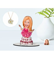 BK Gift Kişiye Özel Kadın Doğum Günü Karikatürlü 3D Ahşap Biblo ve İsimli Tarihli Papatya Kolye Seti-1 (Model 1)