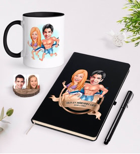 BK Gift Kişiye Özel Yılın En Mükemmel Çifti Karikatürlü Siyah Defter Kalem ve Kupa Seti-8 (Model 1)