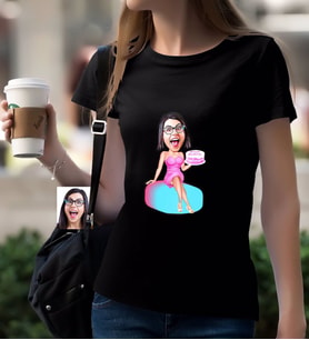 BK Gift Kişiye Özel Bayan Doğum Günü Karikatürlü Siyah T-Shirt-1
