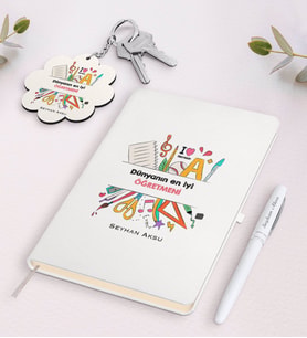 BK Gift Kişiye Özel Dünyanın En İyi Öğretmeni Beyaz Defter Kalem Ve Anahtarlık Hediye Seti-13 (Model 1)
