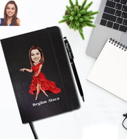 Kişiye Özel Bayan Karikatürlü Siyah Defter Kalem Hediye Seti Model-9
