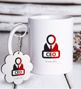 BK Gift Kişiye Özel Mesleki CEO Beyaz Kupa ve Anahtarlık Hediye Seti-2 (Model 1)