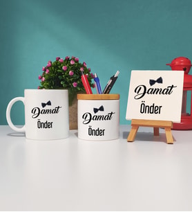 Damat Tasarımlı Kişiye Özel Damat Kupa Bardak Kalemlik ve Dekoratif Taş Baskı Hediye Seti