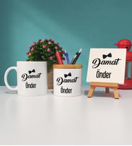 Damat Tasarımlı Kişiye Özel Damat Kupa Bardak Kalemlik ve Dekoratif Taş Baskı Hediye Seti