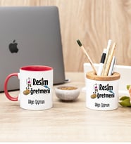 Resim Öğretmeni Kırmızı Kupa Bardak Ve Kalemlik Hediye Seti