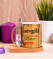 Sevgili Kelime Anlamı Ahşap Altlıklı Gold Kupa Bardak