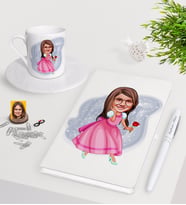 BK Gift Kişiye Özel Kız Çocuk Prenses Karikatürlü Beyaz Defter Kalem Türk Kahvesi Fincanı Seti-2 (Model 1)
