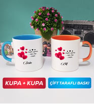 İkili Sevgililer Günü Hediyesi Kupa Bardak Mavi Turuncu