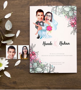BK Gift Kişiye Özel Karikatürlü Nikah & Düğün Davetiyesi Model 9 (50 Adet)