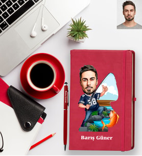 Kişiye Özel Balıkçı Karikatürlü Kırmızı Defter Kalem Hediye Seti Bay-4