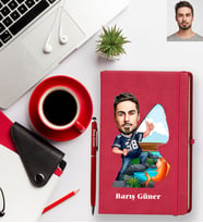 Kişiye Özel Balıkçı Karikatürlü Kırmızı Defter Kalem Hediye Seti Bay-4