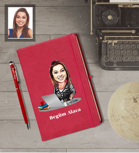 Kişiye Özel İş Kadını Karikatürlü  Kırmızı Defter Kalem Hediye Seti Bayan-4