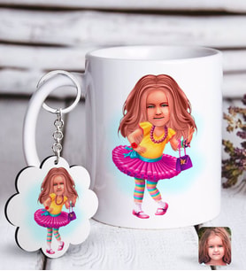 BK Gift Kişiye Özel Kız Çocuk Karikatürlü Beyaz Kupa ve Anahtarlık Hediye Seti-11 (Model 1)