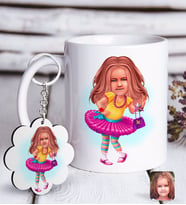 BK Gift Kişiye Özel Kız Çocuk Karikatürlü Beyaz Kupa ve Anahtarlık Hediye Seti-11 (Model 1)