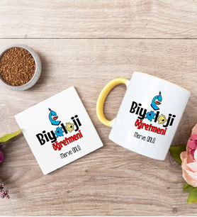 Biyoloji Öğretmeni Sarı Kupa Bardak Ve Bardak Altlığı Seti